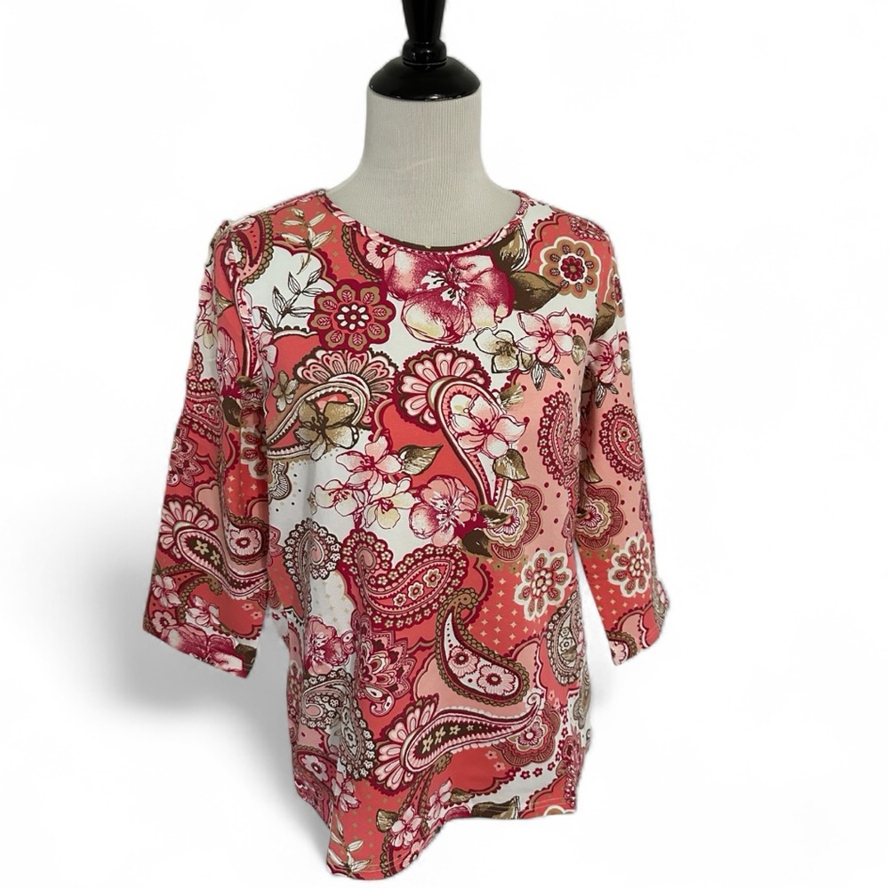 Denim&Co Floral Paisley 3/4 Sleeve Jersey Top Salmon Brown White Sz S